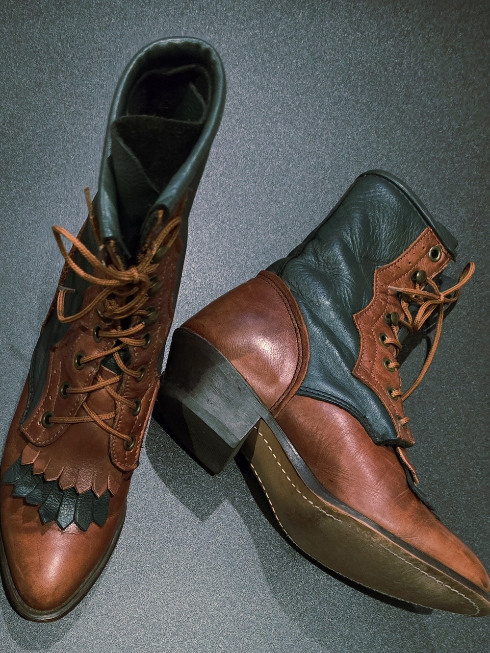 Avonite Hypalon Two-Tone Brown and Green Leather Lace-Up Ankle Booties by